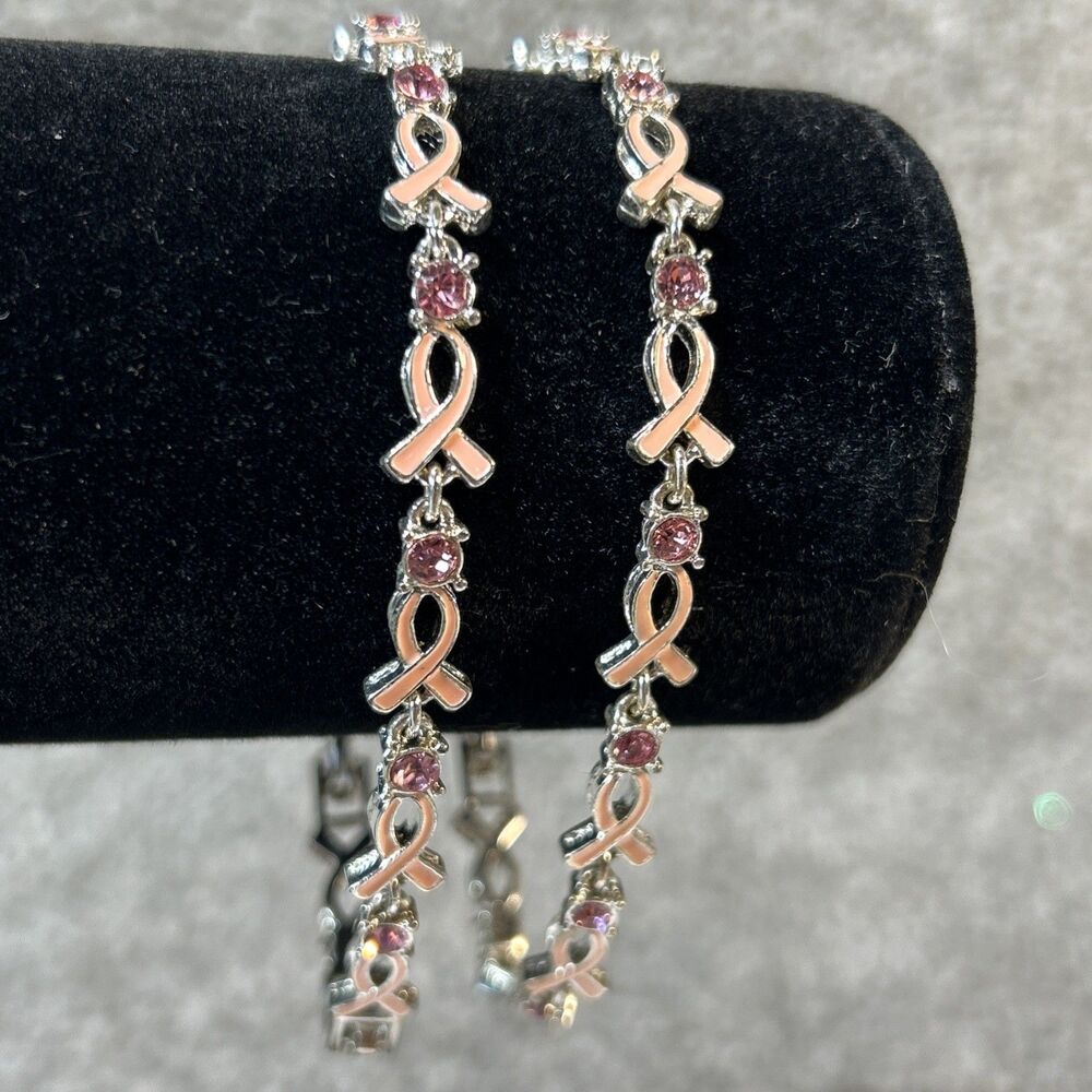 Avon 2010 Breast Cancer Crusade Tennis Bracelet Light Pink Rhinestone Lot Of 2 - Picture 2 of 4